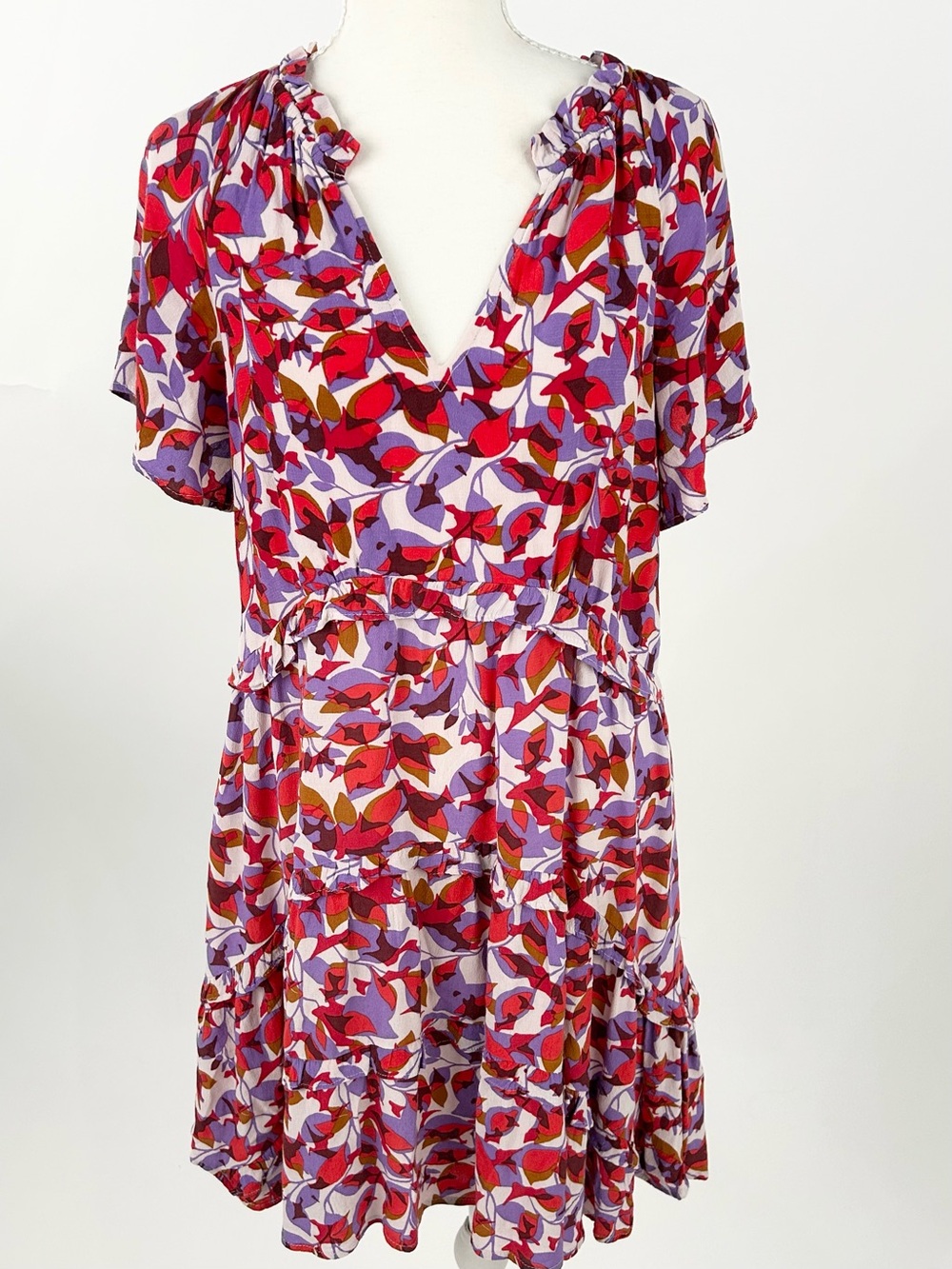 By Anthropologie Robin Tiered Floral Mini Dress Red Purple Size S
